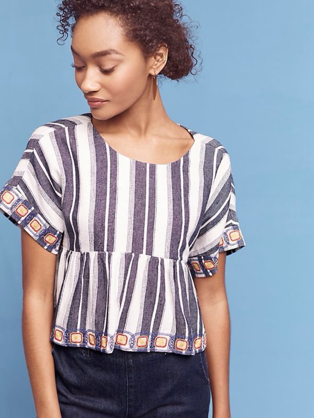Anthropologie Maeve Navy and White Striped Peplum Crop Top with Orange Trim